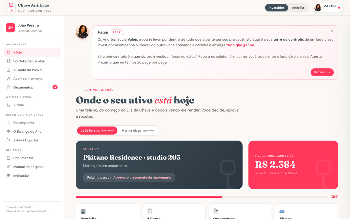 Chave Anfitrião: Torre de controle do investidor, com a concierge Valen guiando