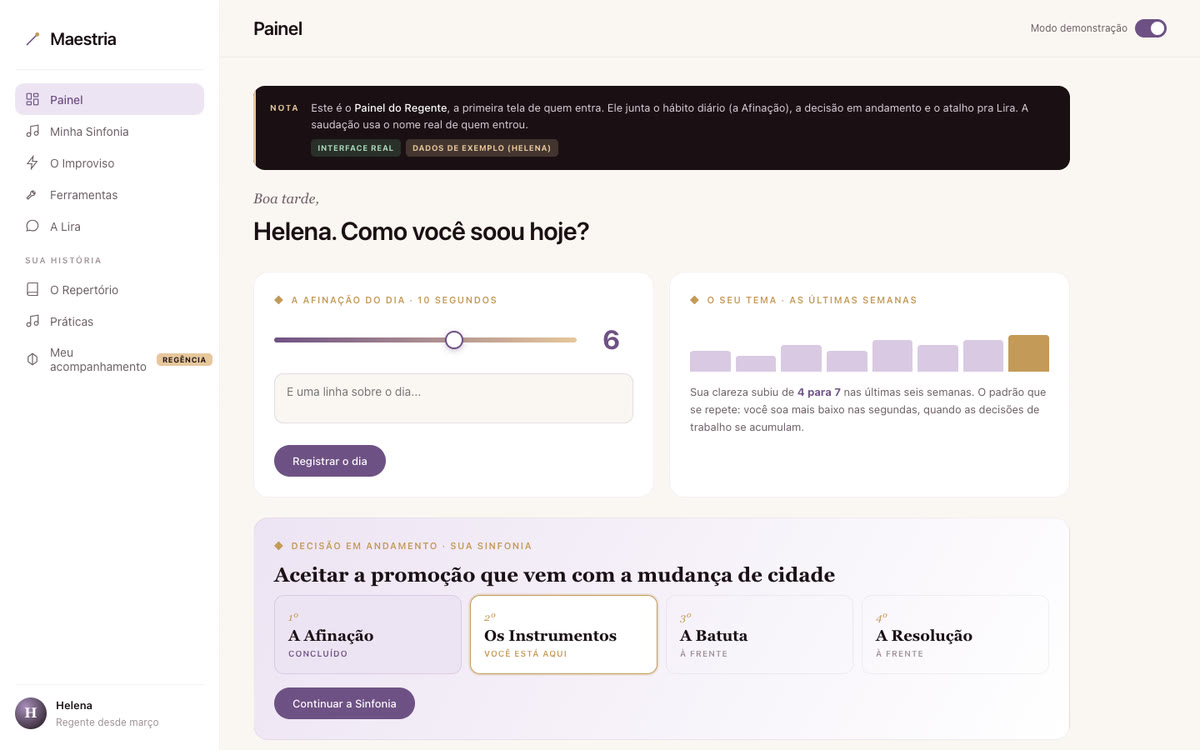Maestria: Painel com a afinação do dia, o tema da semana e a decisão em curso